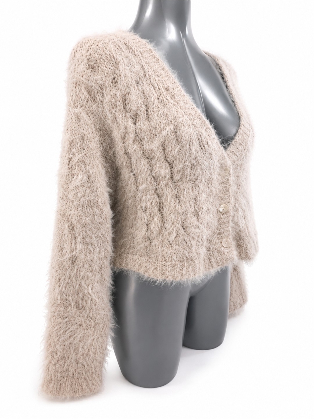 Anthropologie Cream Fuzzy V-Neck Button Cardigan - Picture 3 of 6